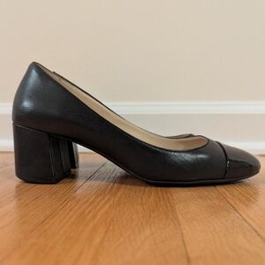 Cole Haan Classic Black Leather Women's Block Heel With Patent Leather Cap-toe